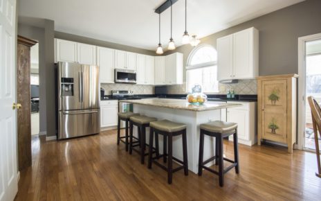 a kitchen with wooden floor